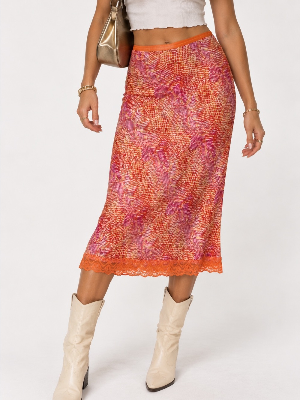 Vintage Y2K Orange and Pink Printed Lace-Trim Midi Skirt Size Medium